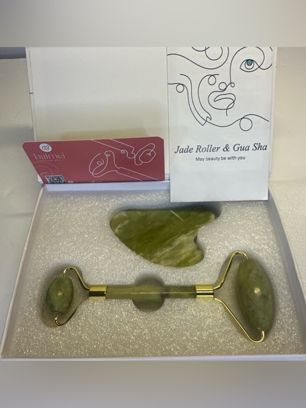 BAIMEI Jade Roller & Gua Sha Set Luxury Facial Massage Stone Skincare Kit - Picture 2 of 4